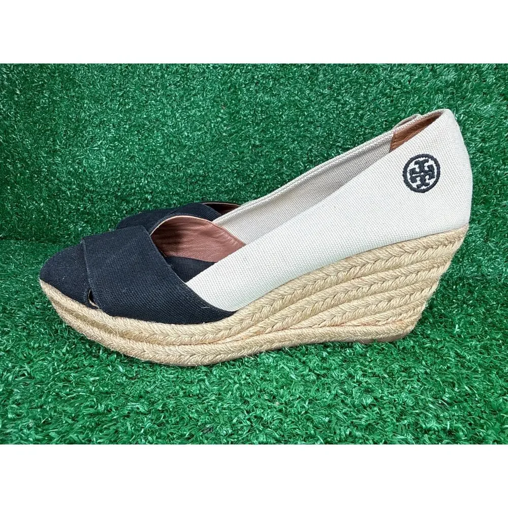 Tory Burch US 10B Filipa Espadrille Wedge Beige Black Heels